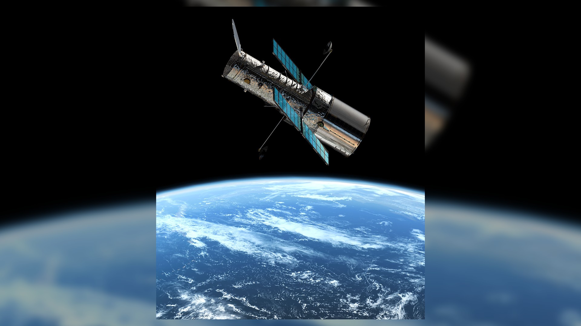 Here we see an image of the Hubble Space Telescope with a big close-up of Earth in the background. It is a massive cylindrical telescope with 2 antenna and solar panels on either side.