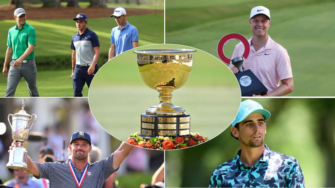 The Presidents Cup trophy and a number of golfers from PGA Tour and LIV Golf missing