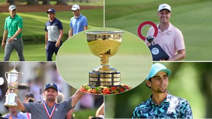 The Presidents Cup trophy and a number of golfers from PGA Tour and LIV Golf missing