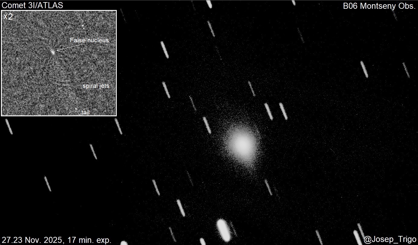An image of comet 3I/ATLAS that appears to show spiraling jets shooting off its surface.