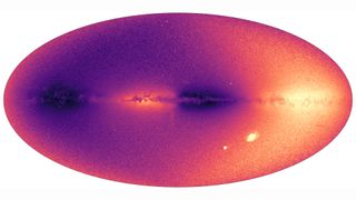 Rotation of our galaxy, the Milky Way, is reveal in data from the European Gaia mission. The darker stars move toward us, while the brighter ones move away.