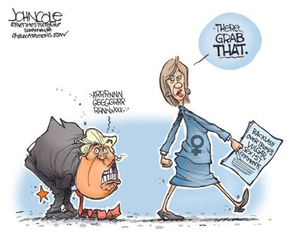 Political cartoon U.S. 2016 election Donald Trump grotch grab