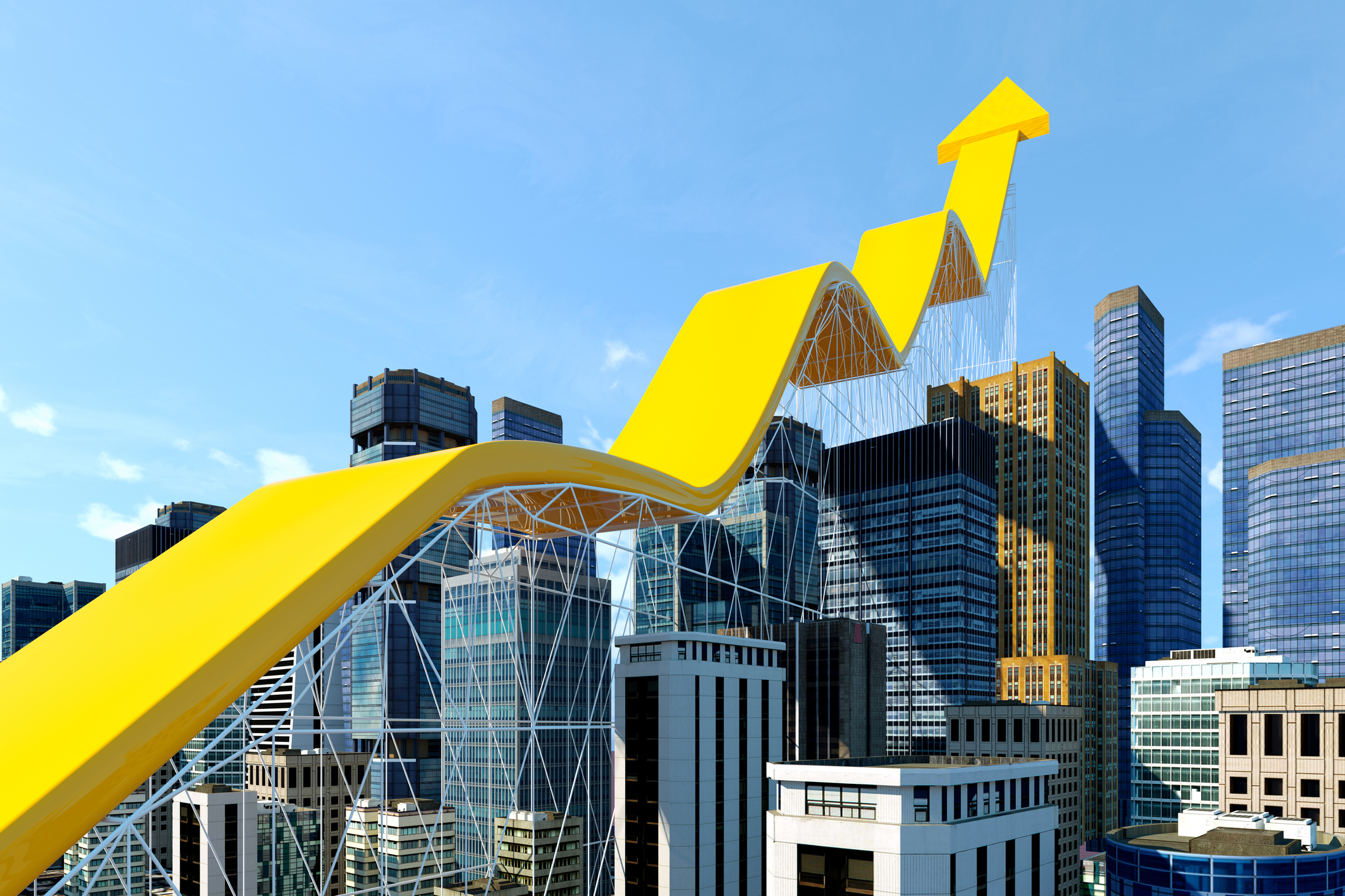 Banking stocks concept: Abstract growing diagram above the city