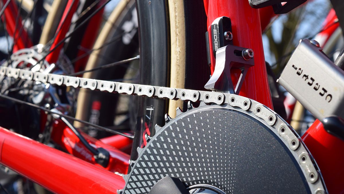 A closer look at the adjustable K-Edge chain catcher used by Trek-Segefredo