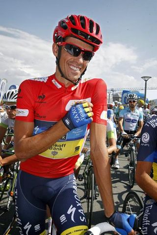 Vuelta leader Alberto Contador (Saxo Bank-Tinkoff Bank) awaits the start of stage 20.
