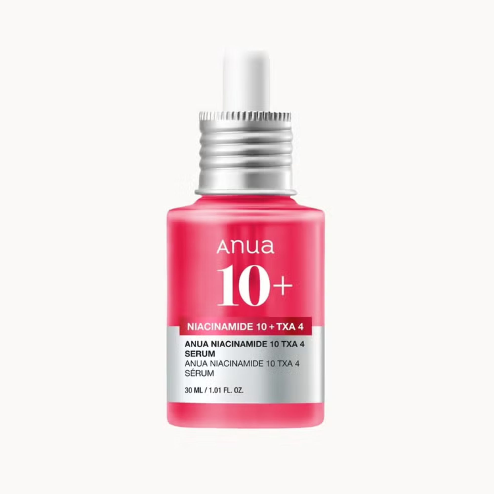 A bottle of Anua Niacinamide 10+ TXA 4 serum on a plain background