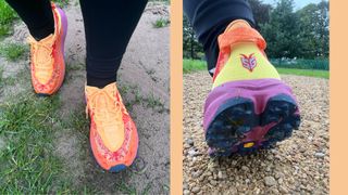 Front and back view of Hoka Speedgoat 6 walking shoes on trail path