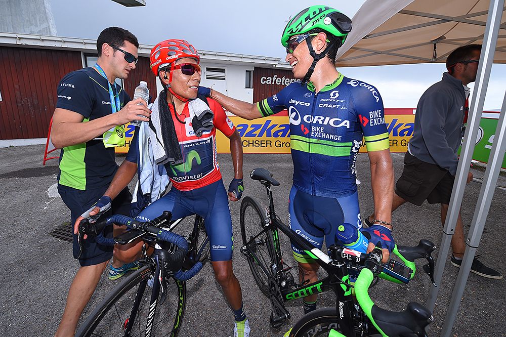 Esteban Chaves (Orica) speaks with Nairo Quintana (Movistar) after stage 11