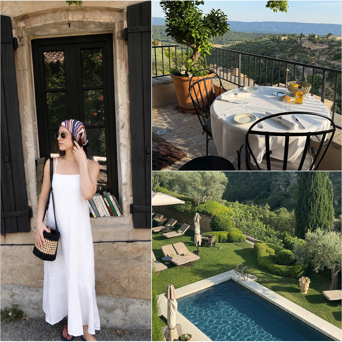 Collage of photos from Jamie Chevron's stay at Airelles Gordes, La Bastide