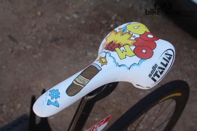 Rodriguez&rsquo;s cartoon custom Selle Italia SLR Monolink is a nod to his nickname (Purito) and his status as an explosive climber