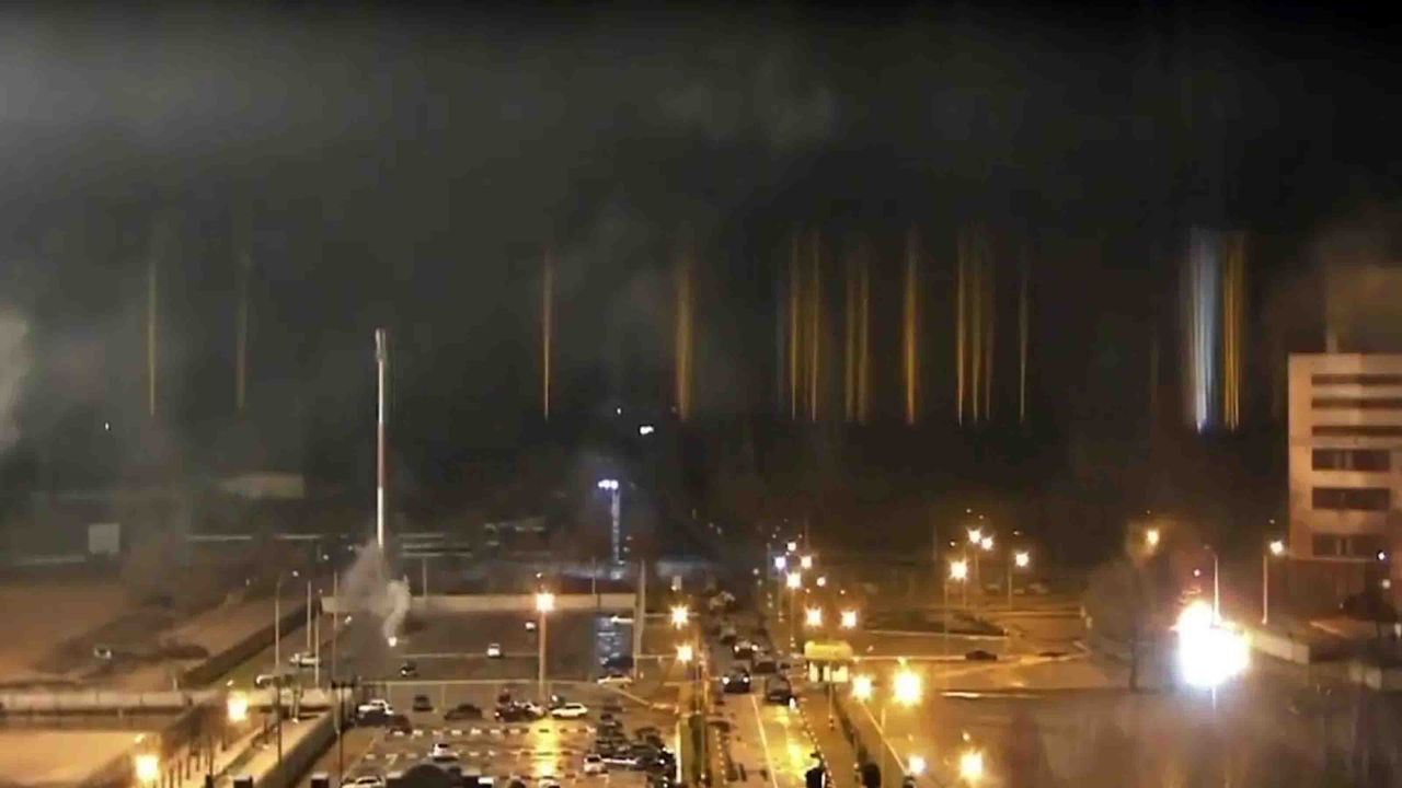 A screen grab captured from a video shows a view of Zaporizhzhia nuclear power plant during a fire following clashes around the site in Zaporizhzhia, Ukraine on March 4, 2022