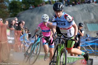 Series leader Emma White (Cannondale) was doing her best to mark Ellen Noble