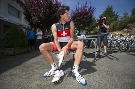 Switzerland's four-time world champion Fabian Cancellara gets ready for the training session at the hotel.