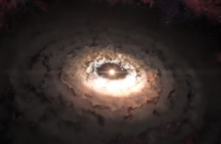 An artist's impression of the distant star IRS 48, surrounded by a cashew-shaped 'dust trap' that may contain large organic molecules.