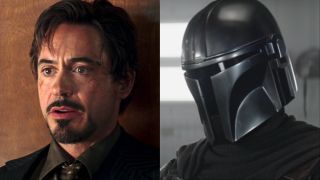 Robert Downey Jr in Iron Man and Mandalorian with helmet on 