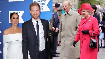 Prince Harry and Meghan Markle took Queen and Prince Philip’s pioneering move to the next level. All four are seen here at different occasions