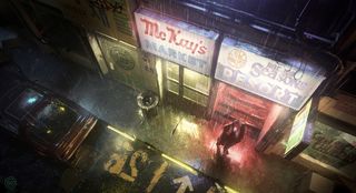 LightWave 3D news; a rainy street scene with neon shop signs