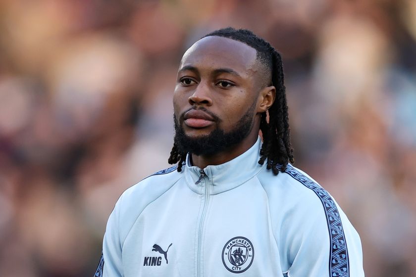 MANCHESTER, ENGLAND - JANUARY 10: Antoine Semenyo of Manchester City looks on as he lines up prior to the Emirates FA Cup Third Round match between Manchester City and Exeter City on January 10, 2026 in Manchester, England. (Photo by Lewis Storey/Getty Images)
