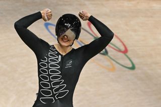 New Zealand's Ellesse Andrews celebrates after winning the women's track cycling sprint final race 2 for gold of the Paris 2024 Olympic Games at the Saint-Quentin-en-Yvelines National Velodrome in Montigny-le-Bretonneux, south-west of Paris, on August 11, 2024. (Photo by SEBASTIEN BOZON / AFP)