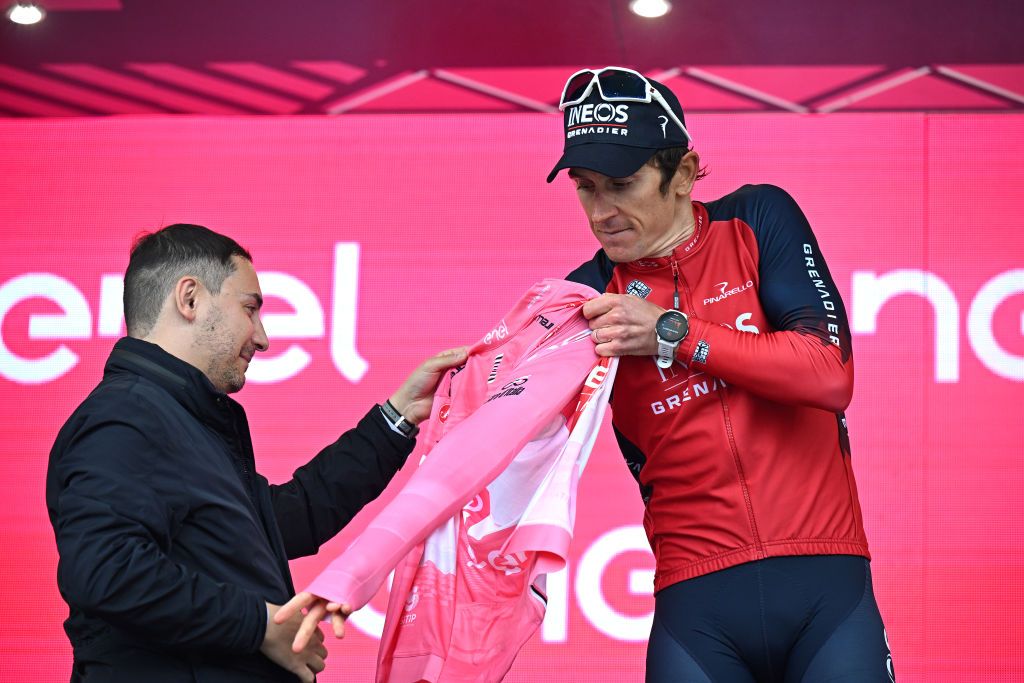 RIVOLI ITALY MAY 18 Geraint Thomas of The United Kingdom and Team INEOS Grenadiers celebrates at podium as Pink Leader Jersey winner during the 106th Giro dItalia 2023 Stage 12 a 185km stage from Bra to Rivoli UCIWT on May 18 2023 in Rivoli Italy Photo by Stuart FranklinGetty Images