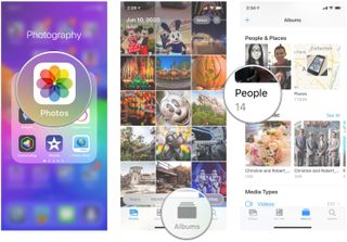 Add names to people in the Photos app on iPhone and iPad by showing steps: Launch Photos, tap Albums, tap the People album