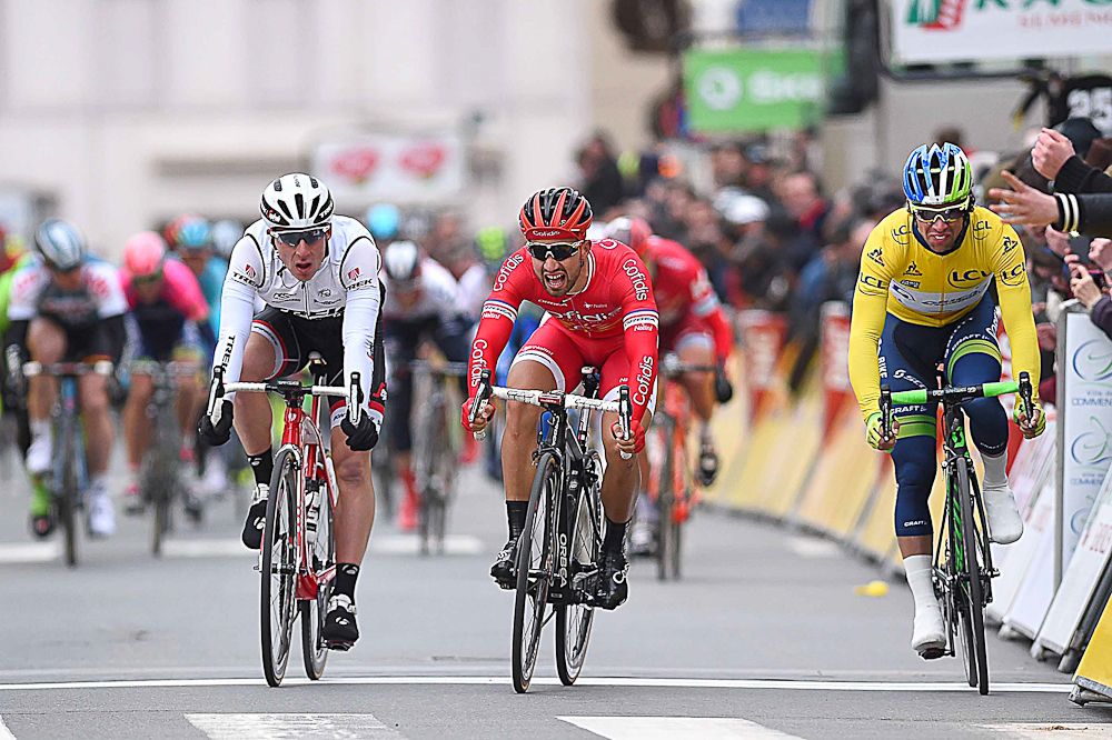 Nacer Bouhanni and Michael Matthews following the contentious stage 2 sprint at Paris-Nice.