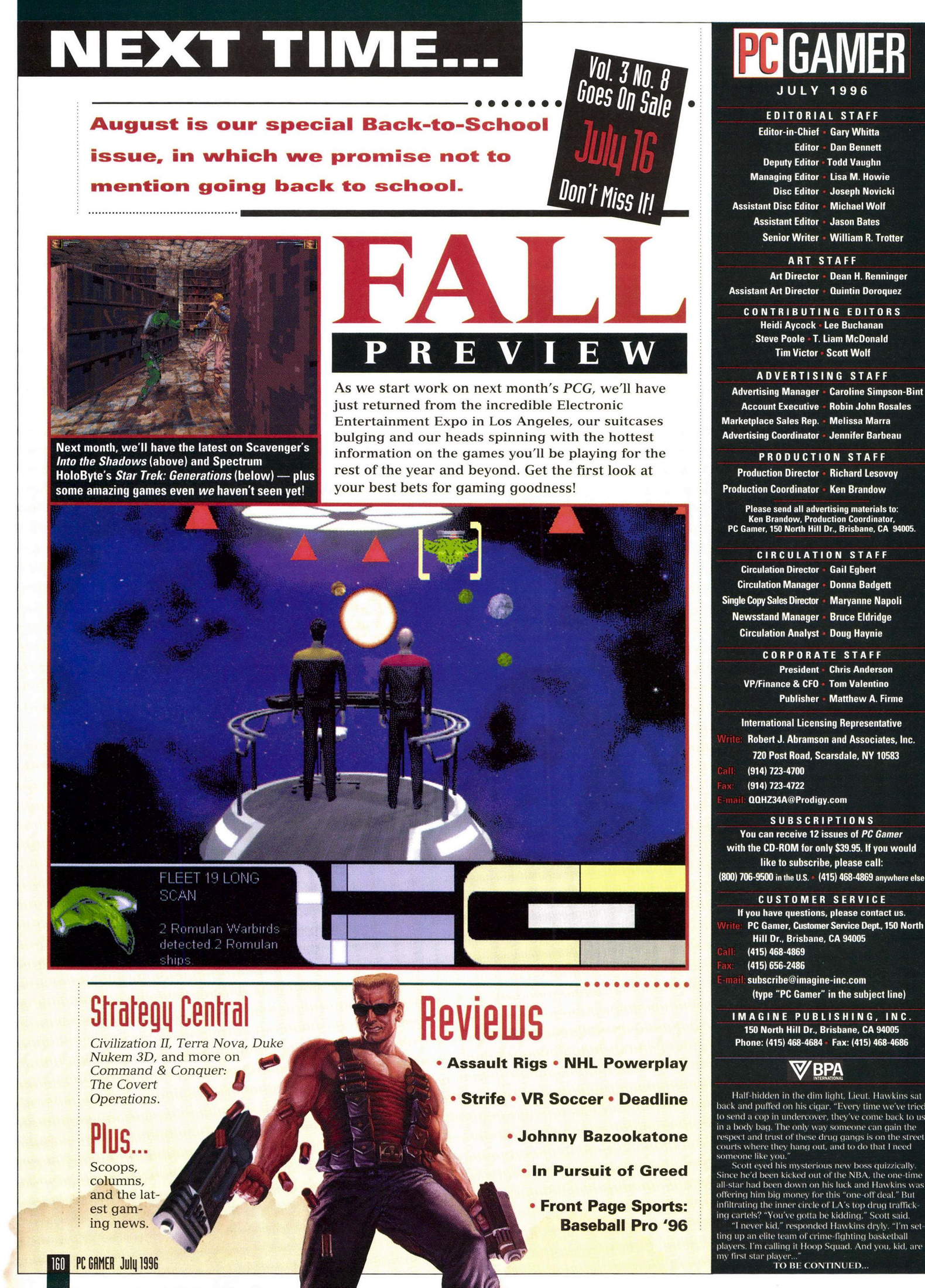 PCG July 1996 Next Time page promising coverage of Into the Shadows, the Star Trek: Generations game, plus E3 1996 and strategy coverage including Civ 2 and Duke Nukem 3D
