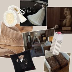 A collage of home images and home-inspired gifts from cartier, ralph lauren, edie parker.