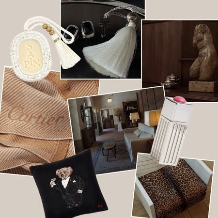 A collage of home images and home-inspired gifts from cartier, ralph lauren, edie parker.