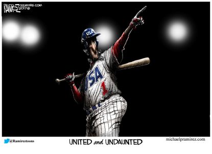 Political cartoon U.S. Congress baseball shooting American unity