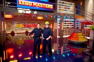 Canadian firefighters Stephen Joo (at left) and Stephen Cassley on the set of "LEGO Masters."