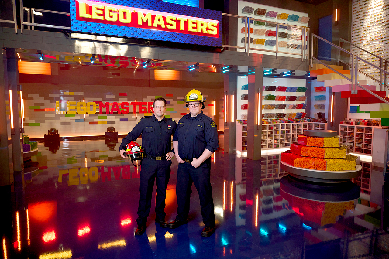 Canadian firefighters Stephen Joo (at left) and Stephen Cassley on the set of 