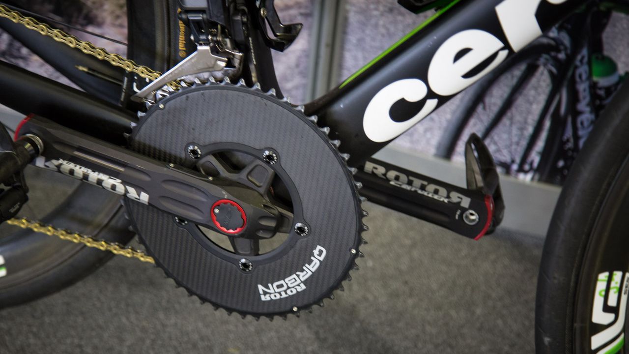 A few of the Dimension Data riders spotted using these carbon fibre Rotor chainrings
