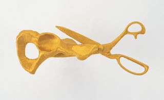 A gold object with half looking like scissors