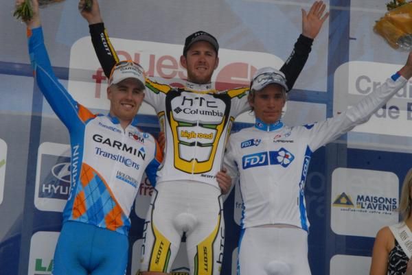 Tyler Farrar (Garmin-Transitions), Matthew Goss (HTC-Columbia) and Yoann Offredo (FDJ) after the race