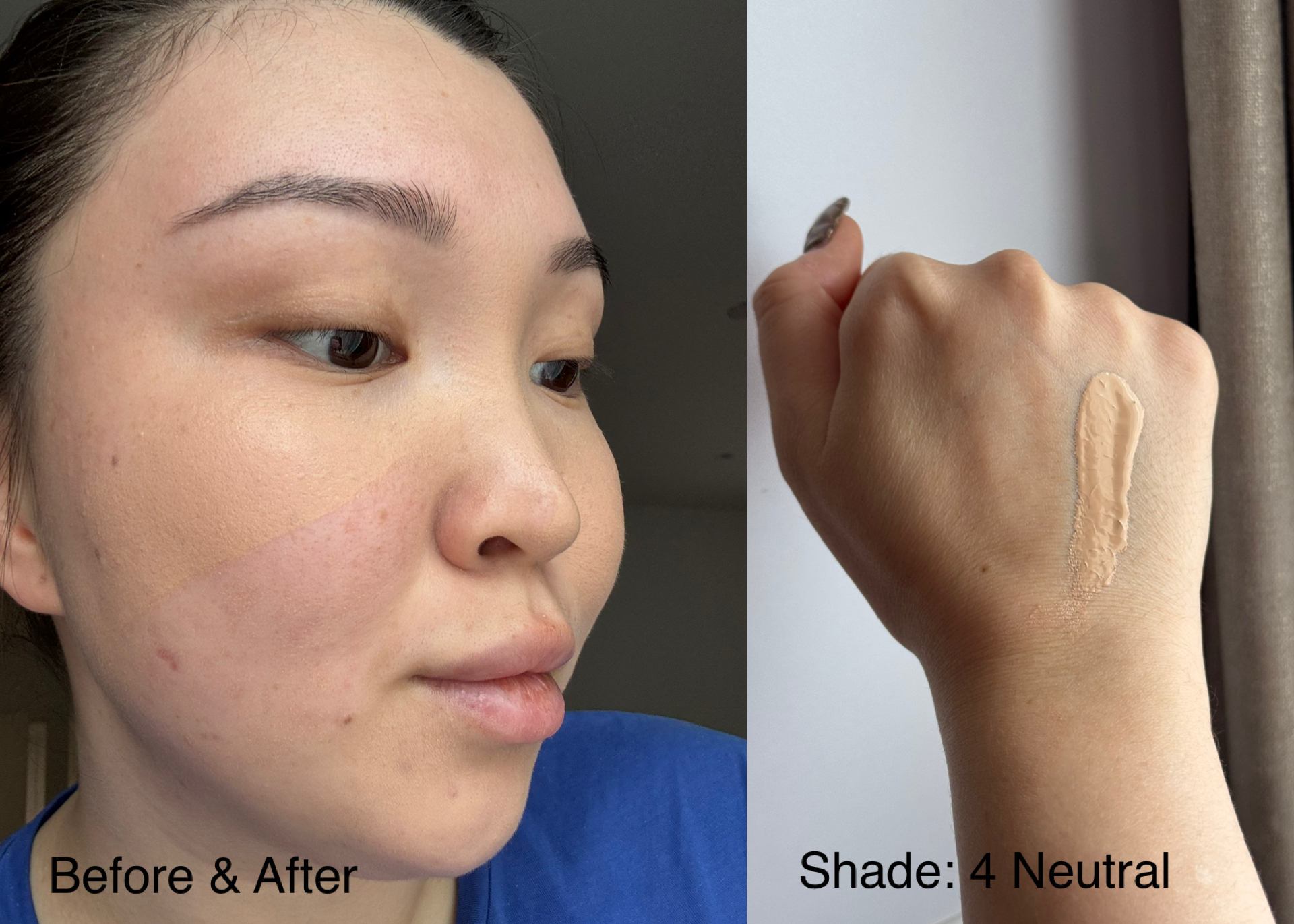 Denise Primbet demonstrating the coverage and the shade of the e.l.f. Halo Glow SPF Skin Tint.