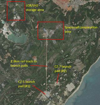 Satellite image showing the layout of China's Hainan Island launch center, built to handle the Long March 5 (CZ 5) and Long March 7 (CZ 7) boosters.