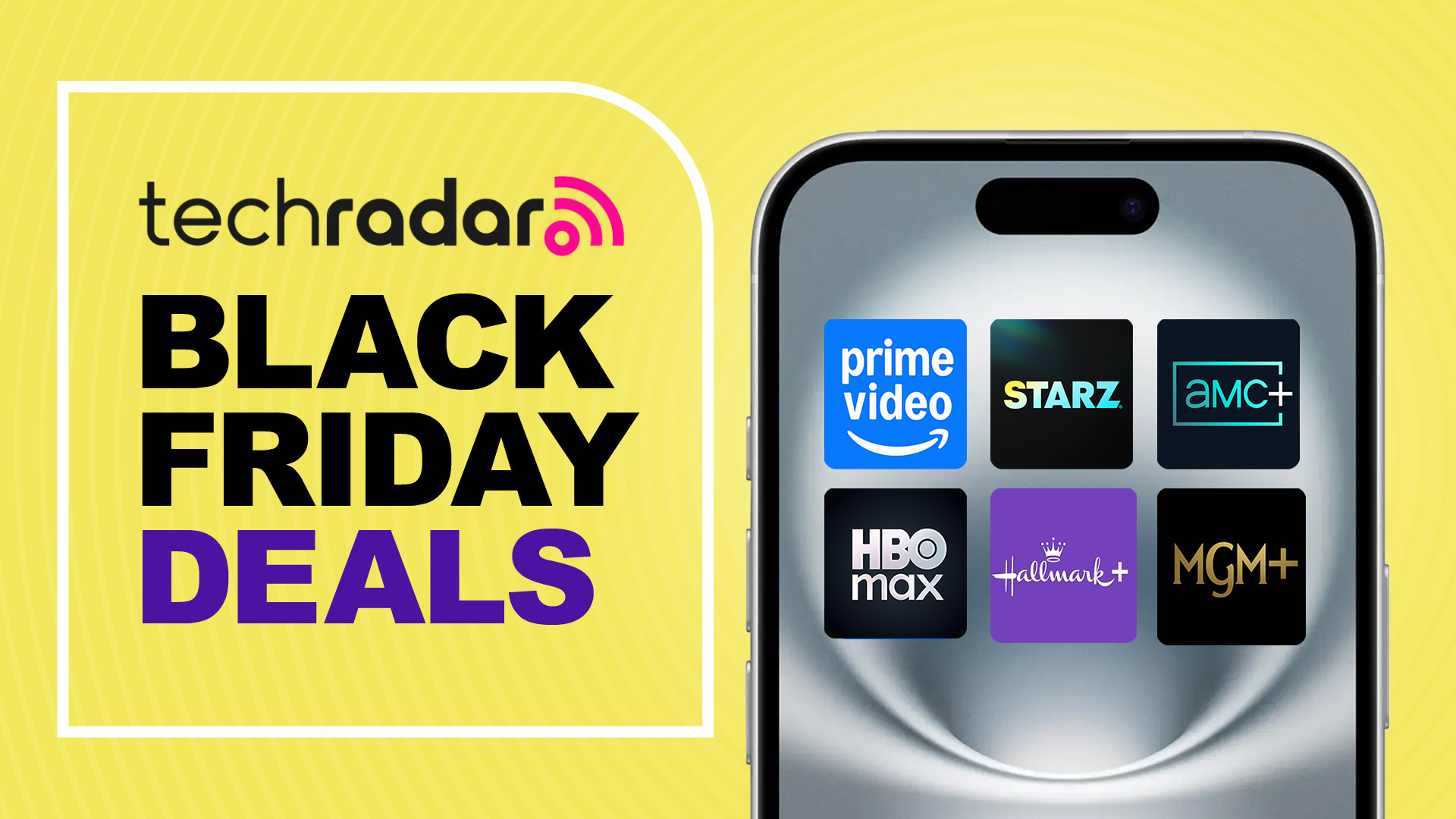 A phone showing the logos of several streaming services next to the words &#039;TechRadar Black Friday deals&#039; 