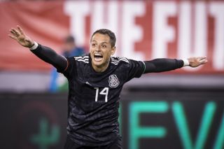 Javier Hernandez celebrates a goal for Mexico against the United States in a friendly in 2019.