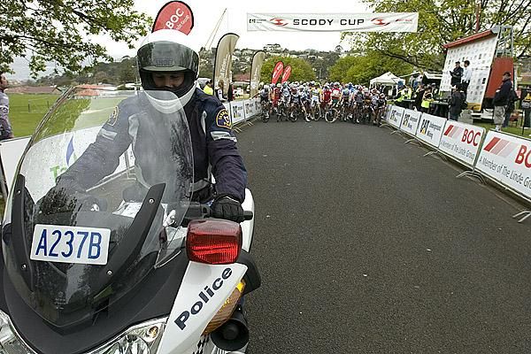 Police solo Nigel Housego is a former road-rider himself and was in charge of leading the peloton around on the 39 kilometre stage three in Burnie.