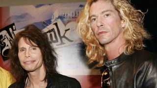 Duff McKagan of Guns N’ Roses with Aerosmith’s Steven Tyler at the 2005 Grammy Awards