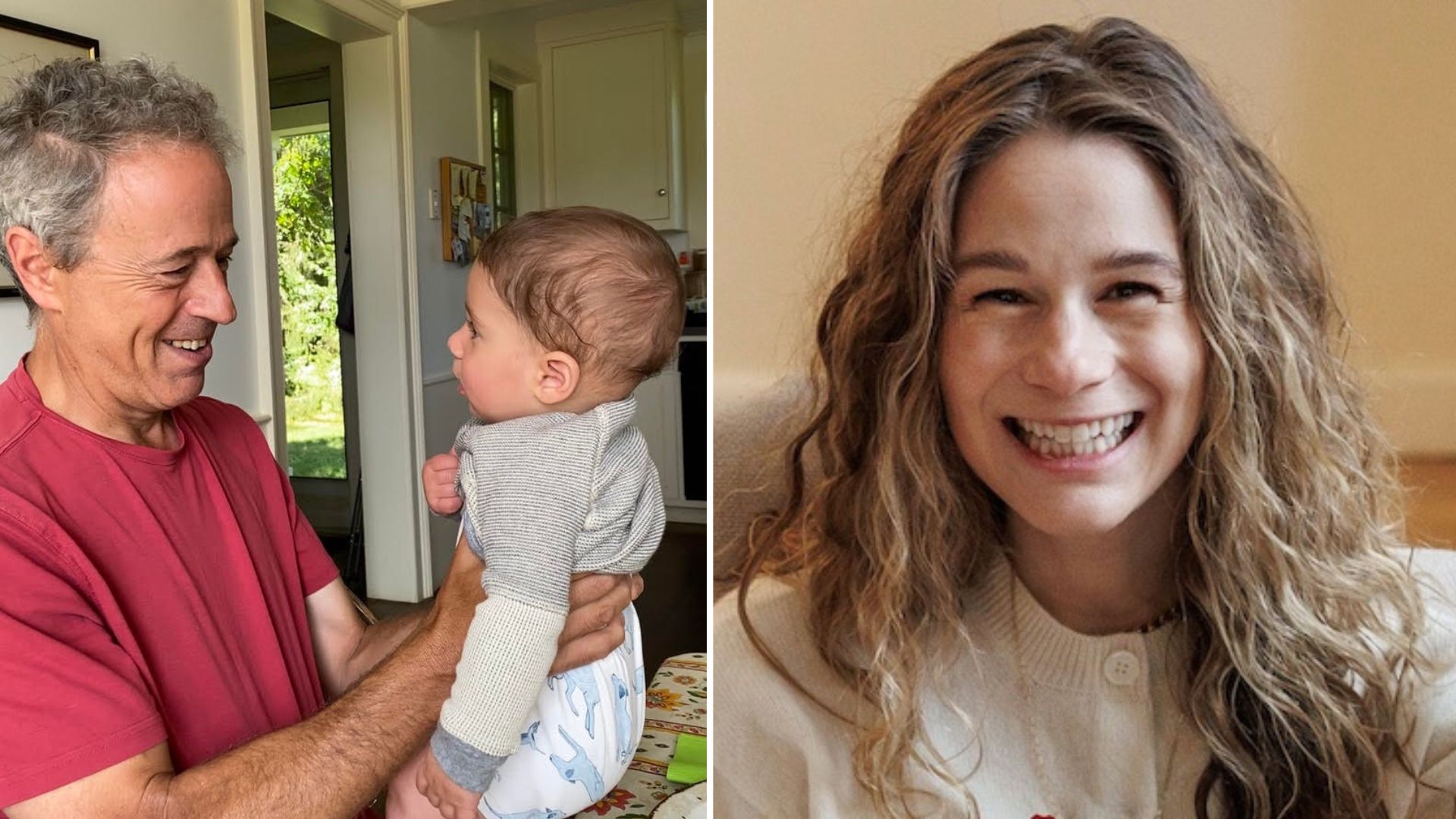 Left: Rachael Piltch-Loeb's Dad holds her son on the sofa. Right: Rachael Piltch-Loeb smiles
