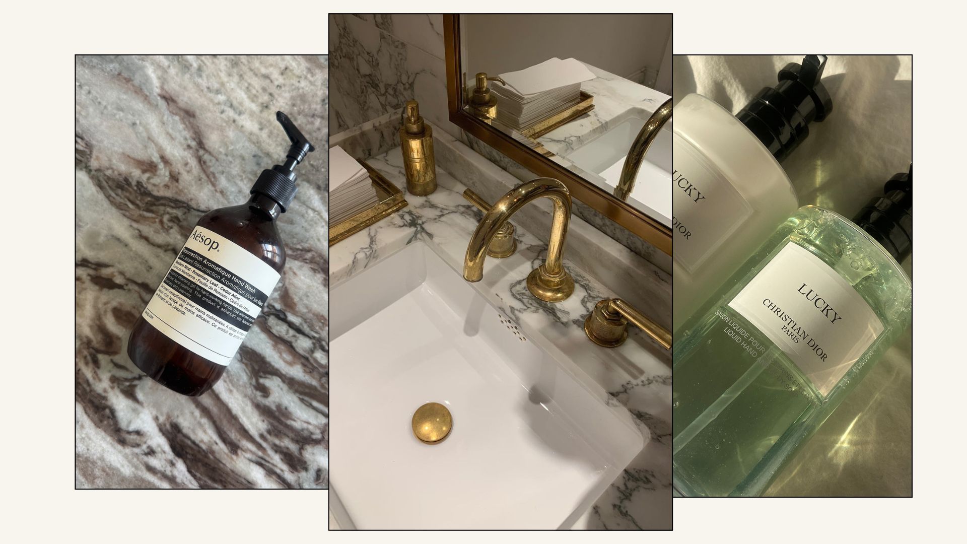 A collage of marble sinks and luxury hand soaps