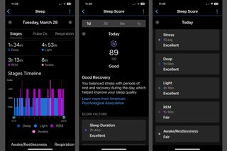 Screenshot from Garmin Connect app showing Andy Turner's Sleep and Sleep Score data pages.