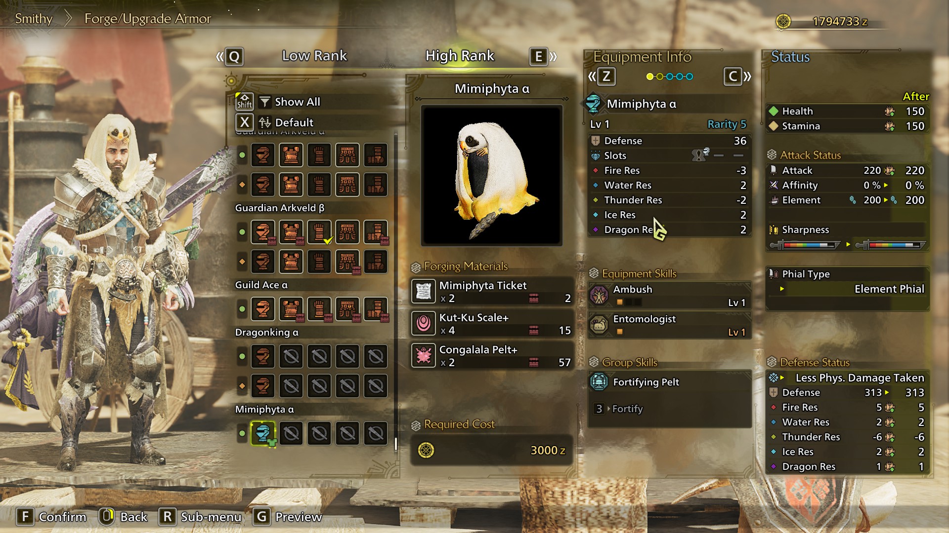 The Smithy screen in Monster Hunter Wilds, showing the necessary materials for crafting a Mimiphyta helm.