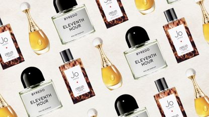 A collage of some of the best autumn perfumes features in this guide, including Jo Loves Amber Lime & Bergamot, Byredo Eleventh Hour and Dior's J'adore l'Or, seen repeated in a diagonal pattern, on a cream background