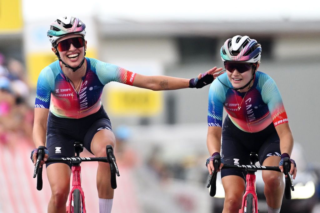 CHAMPAGNE SWITZERLAND JUNE 17 EDITORS NOTE ALTERNATE CROP LR Stage winner Katarzyna Niewiadoma of Poland and Neve Bradbury of Australia and Team CanyonSram Racing cross the finish line and celebrate the victory during the 4th Tour de Suisse Women 2024 Stage 3 a 1256km stage from Vevey to Champagne UCIWWT on June 17 2024 in Champagne Switzerland Photo by Tim de WaeleGetty Images