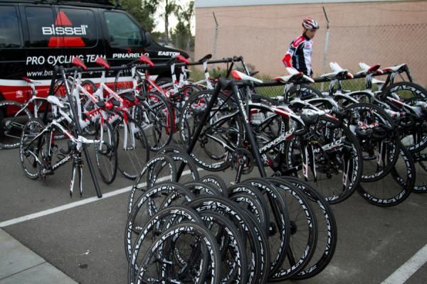 Bissell Pro Cycling's service area nearly two dozen new Pinarello road and time trial bikes, ready for the 2012 season.