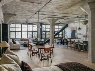 a Brutalist loft with a luxury interior