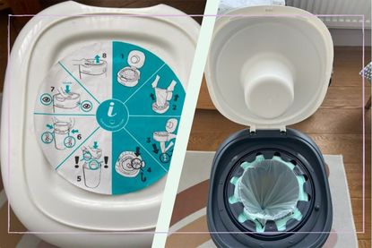 Two images of the Tommee Tippee Nappy Bin being tested out by Anna Bailey